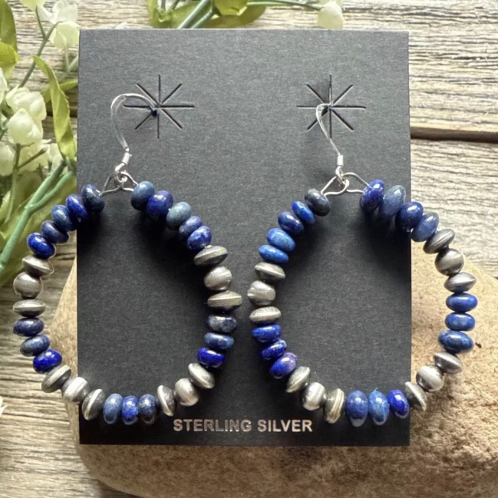 Southwestern 925 Sterling Silver Lapis Pearls Hoop Earrings.